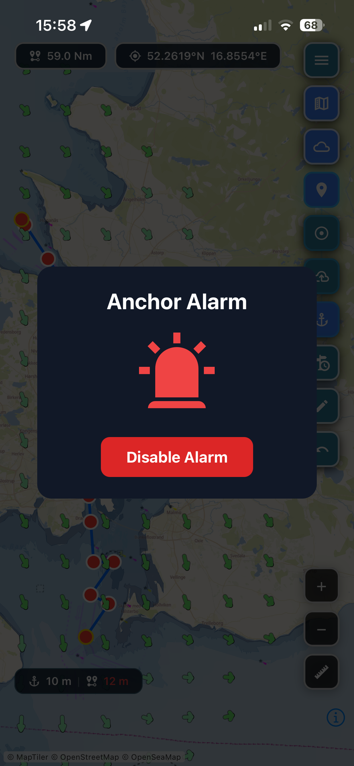 Navig8 mobile anchor alarm screen