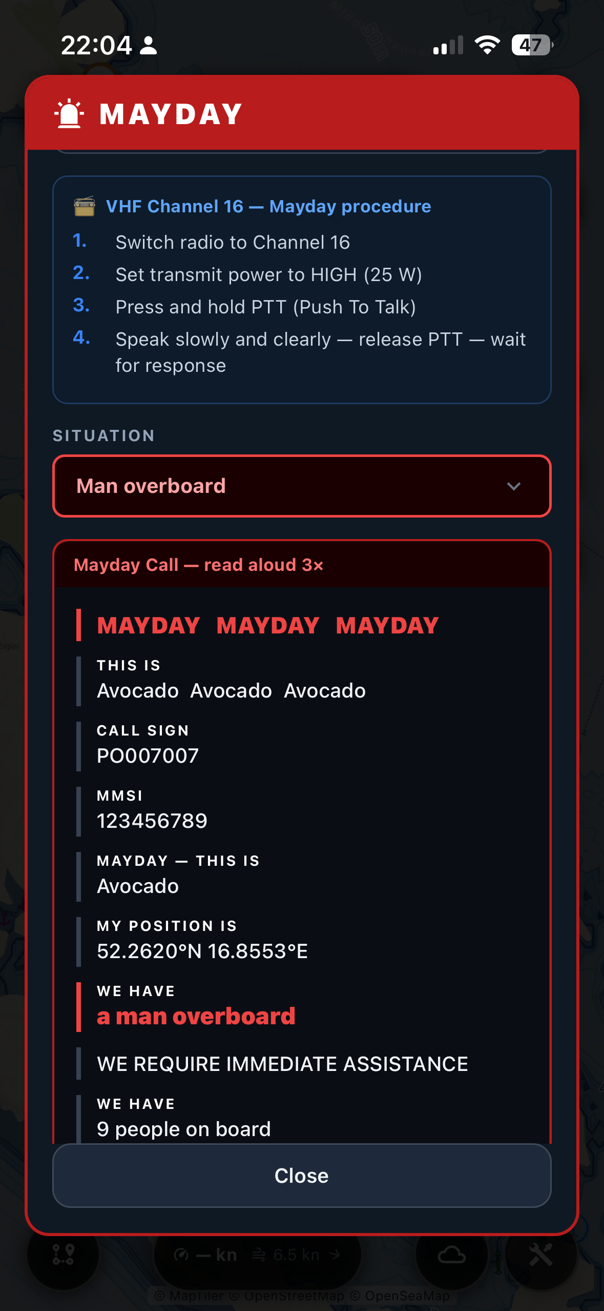 MAYDAY information for VHF messaging