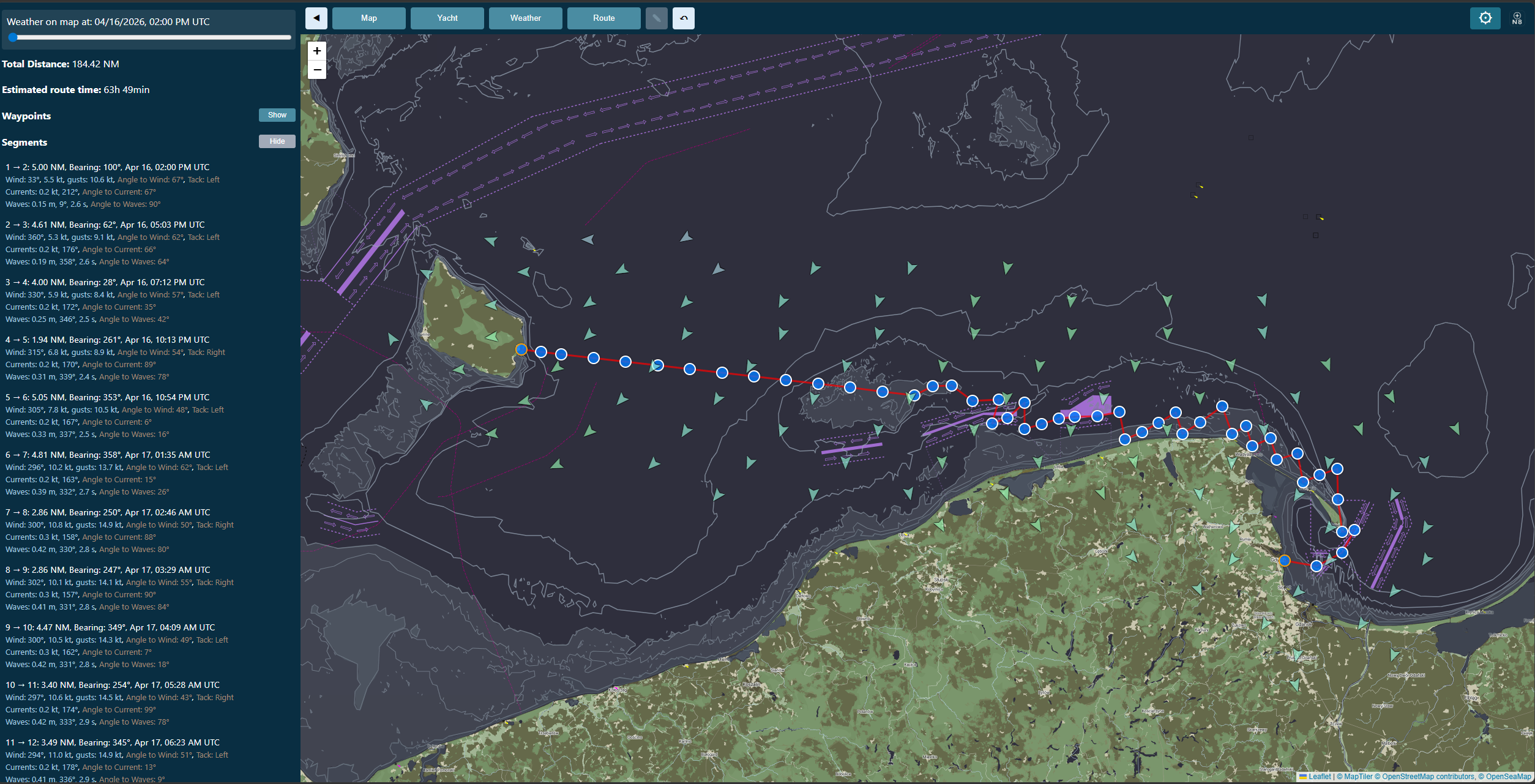 Route plan with per-segment weather data